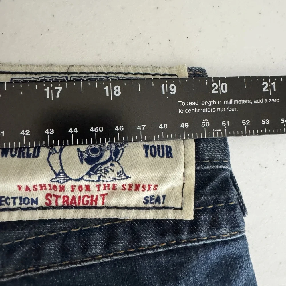 +Y2K True Religion Straight Leg Blue Jeans with Gold Embroidery Flaps - 38x32